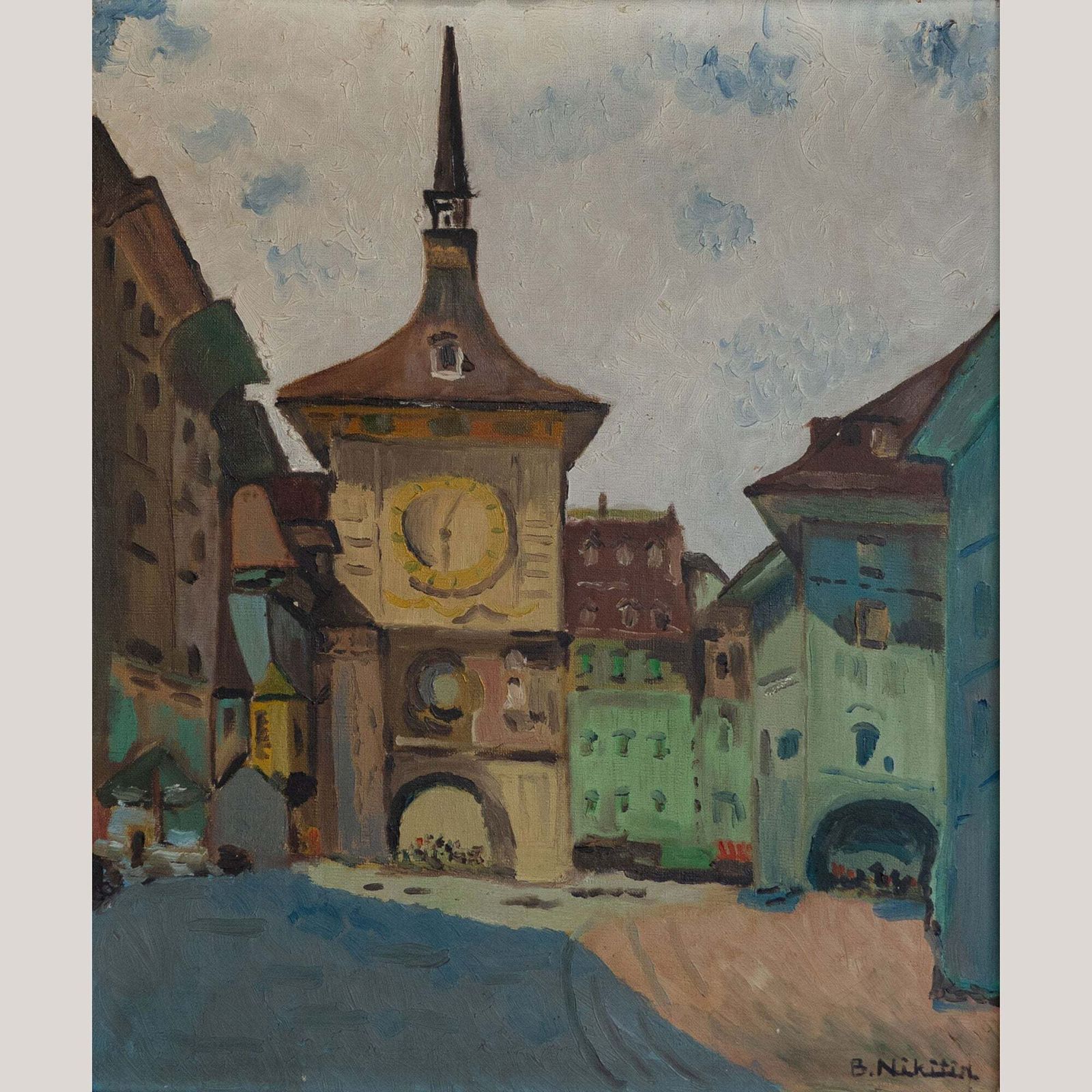 Mid Century Berne Clock Tower Cityscape – Original Oil Painting