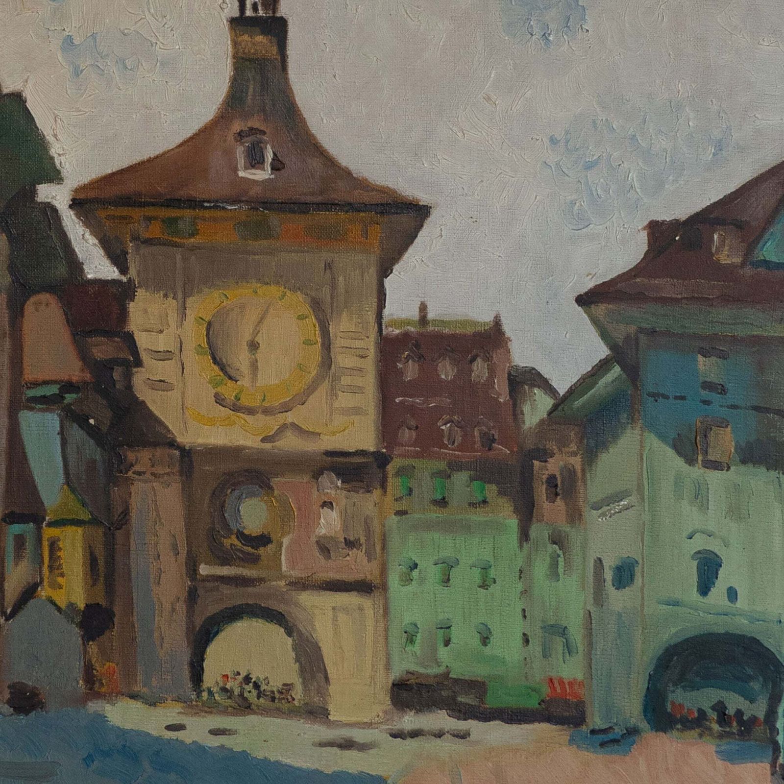 Mid Century Berne Clock Tower Cityscape – Original Oil Painting photo Art