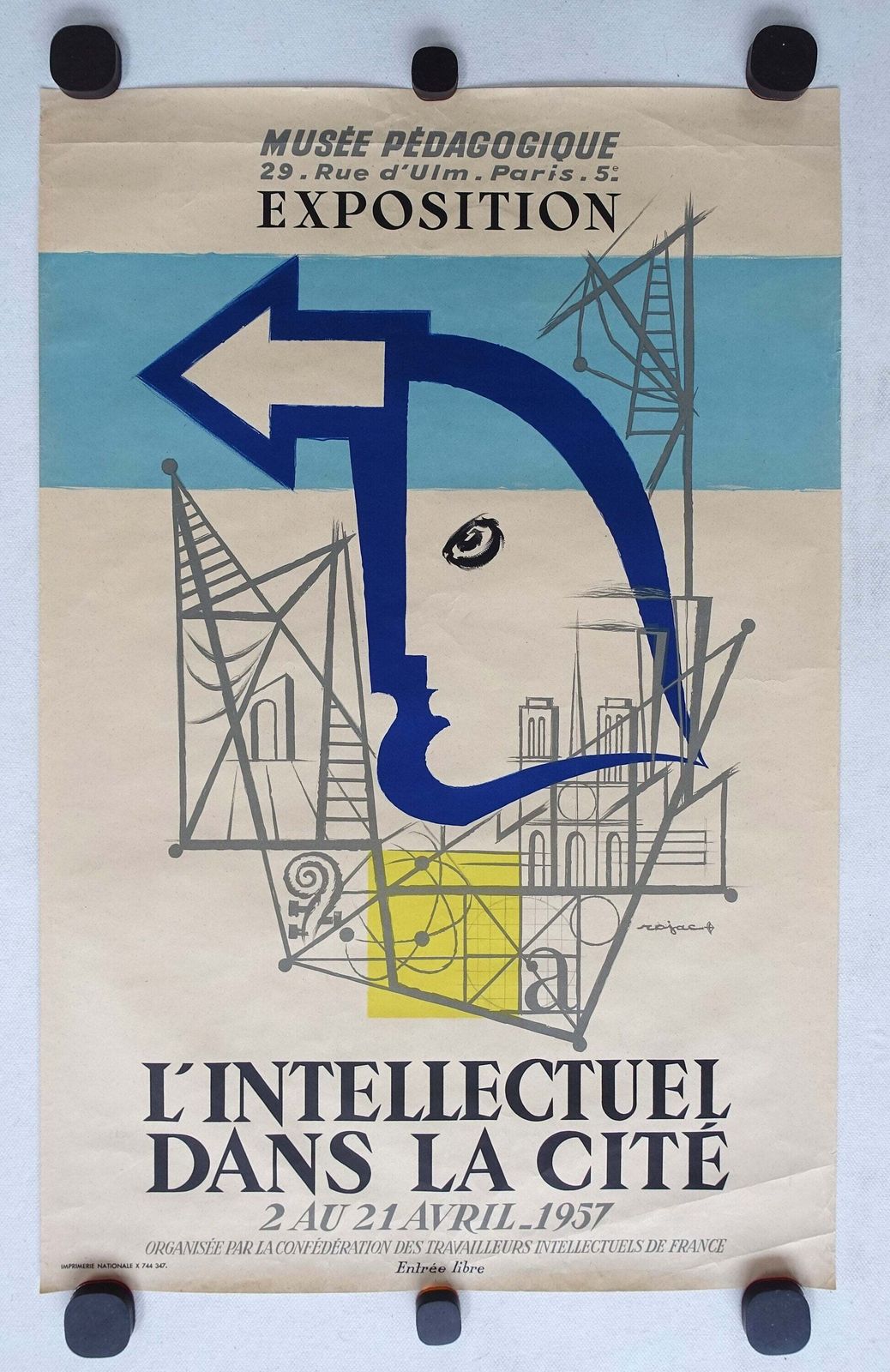 1957 French Exhibition Poster L'intellectuel Dans La Cite   Original Vintage Poster photo furniture