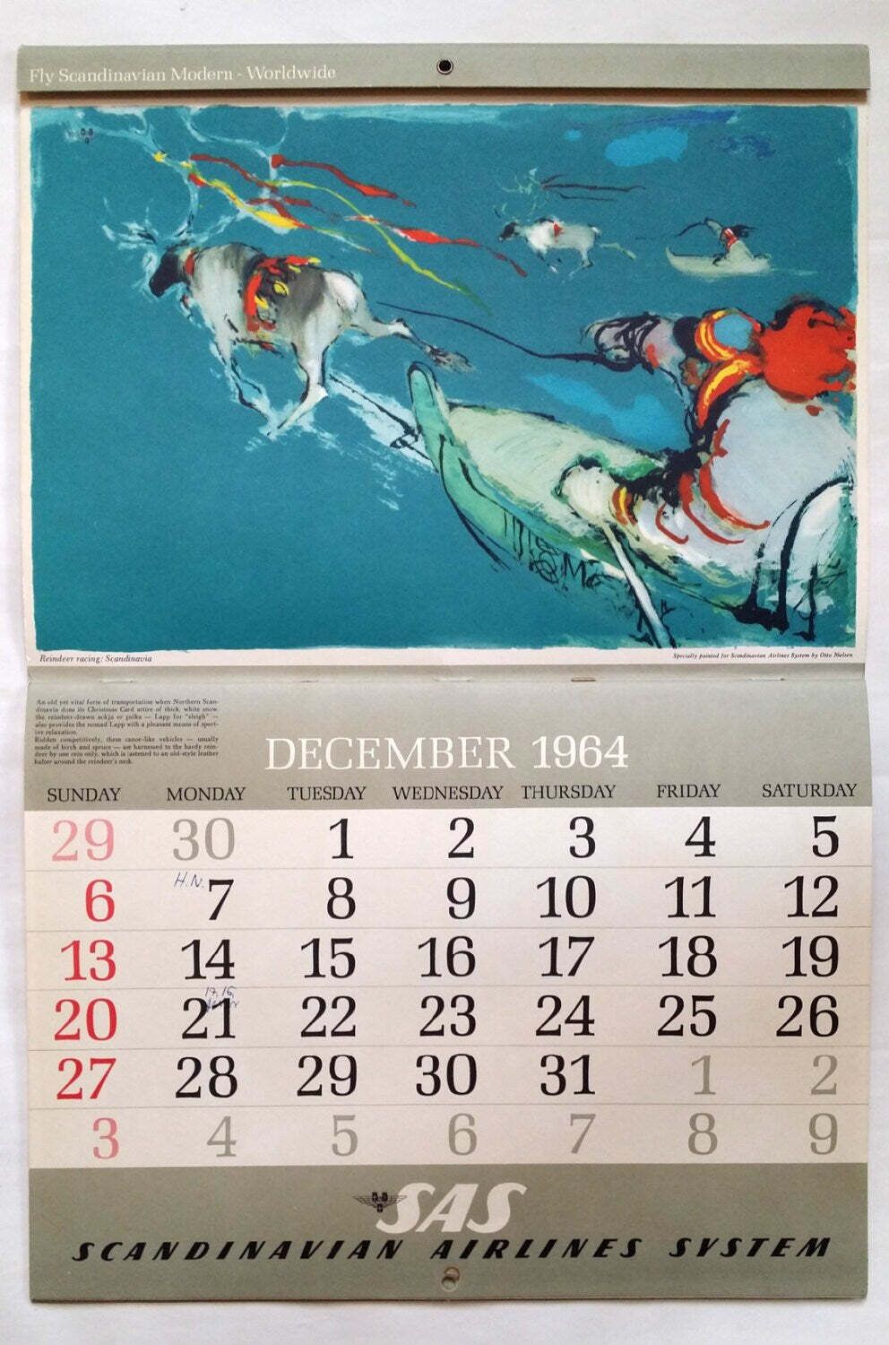 1964 Sas Airlines Calendar By Otto Nielsen   Original Vintage Calendar photo 140.0