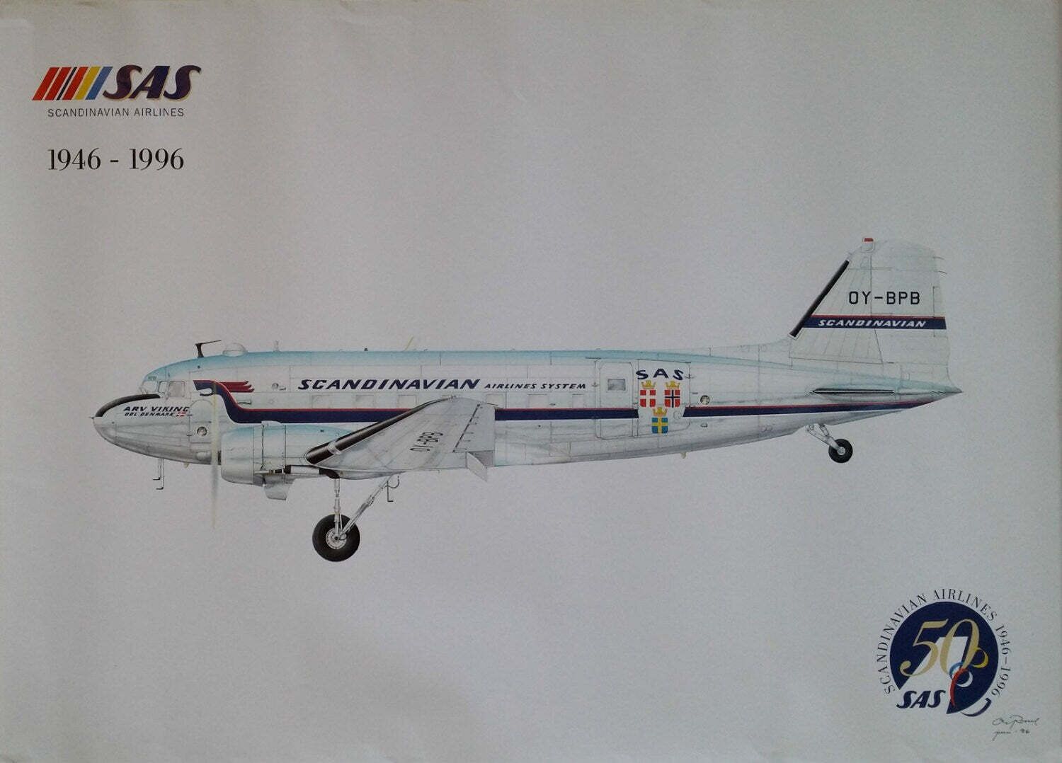 1990s Scandinaivan Airlines 50th Anniversary   Original Vintage Poster