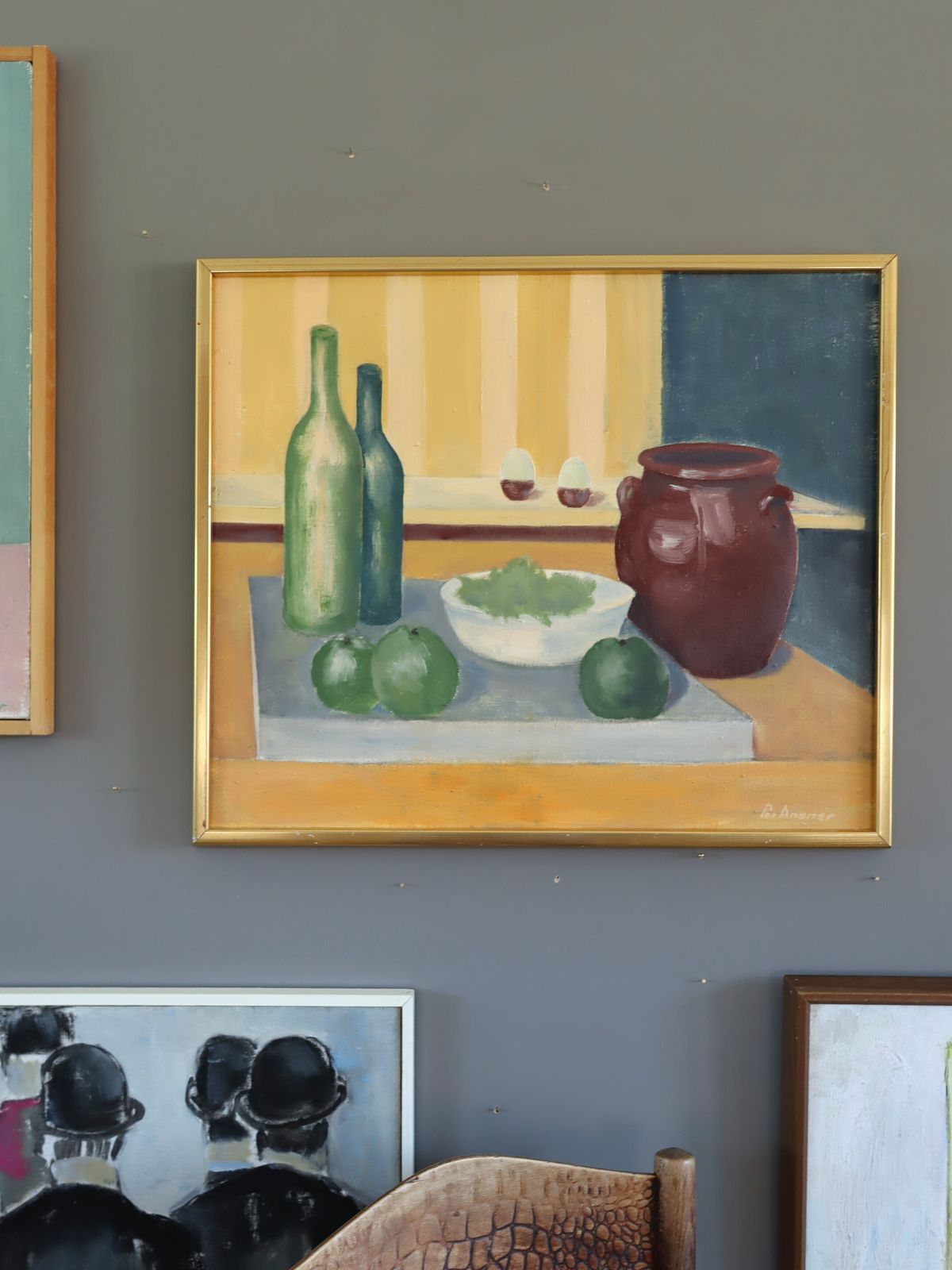 Still Life With Green Bottles, Oil Painting photo furniture