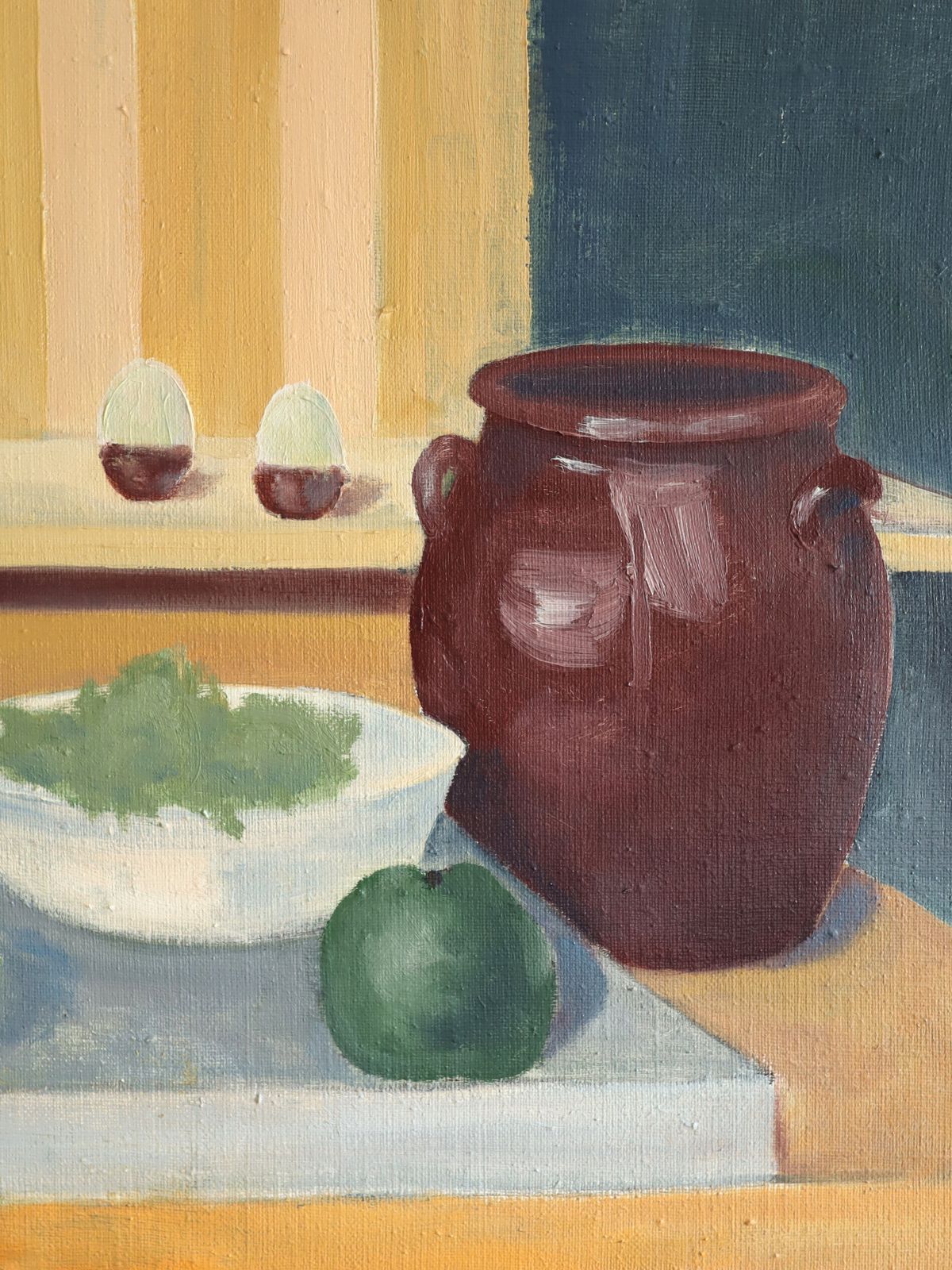 Still Life With Green Bottles, Oil Painting photo vintage