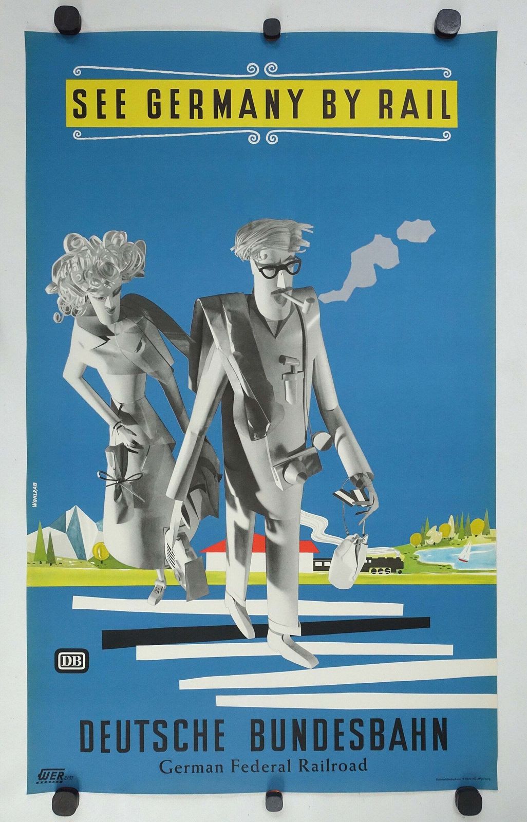 1957 German Railroad Travel Poster   Original Vintage Poster photo furniture