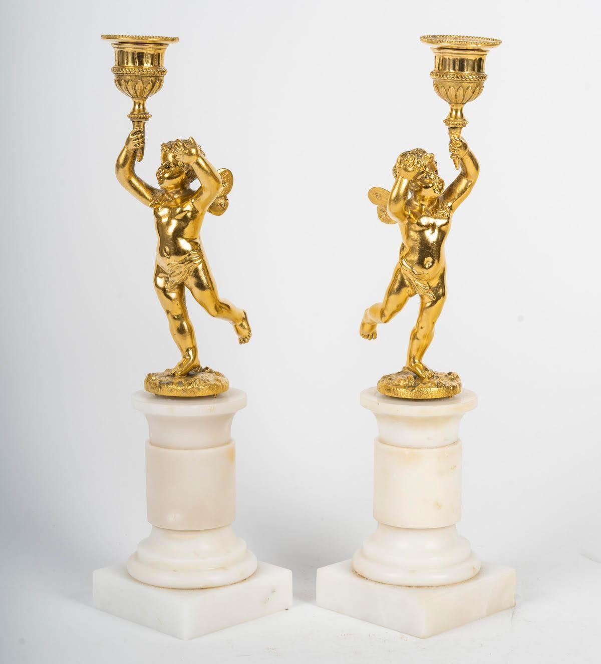Pair Of Gilt Bronze Candlesticks, Marble Base, 19th Century, Napoleon III Period photo for sale