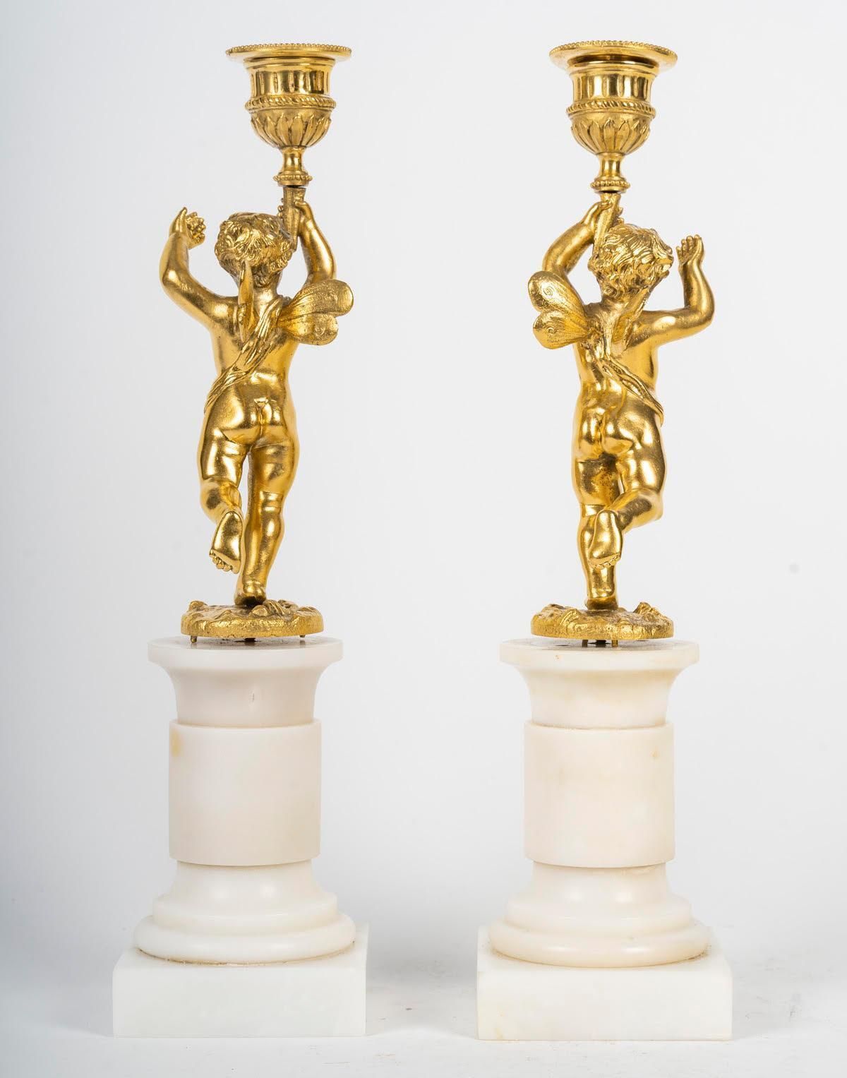 Pair Of Gilt Bronze Candlesticks, Marble Base, 19th Century, Napoleon III Period photo 2353.0