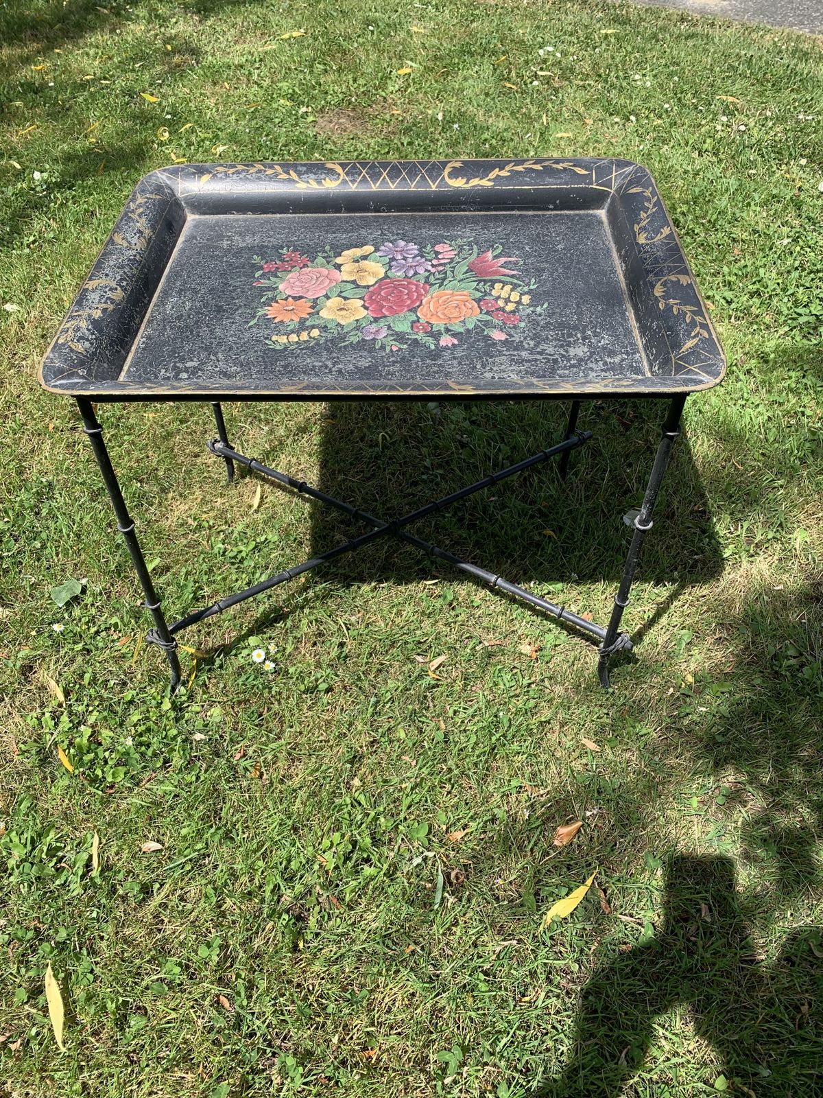 A French Hand Painted Metal Tray On Simulated Bamboo Stand photo 425.0