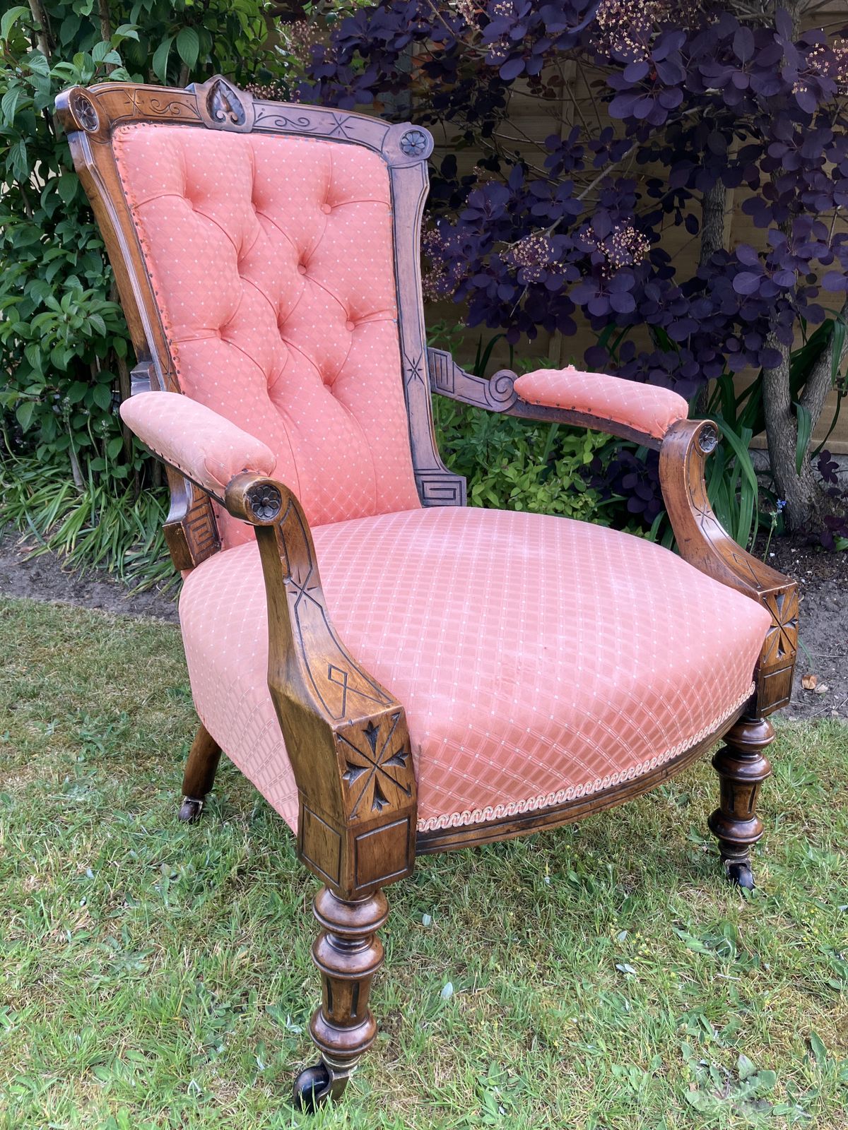 Victorian Walnut Button Back Open Armchair, Circa 1880 photo buy
