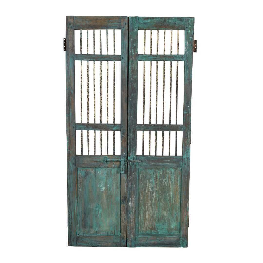 Antique Verdigris Teal Indian Jali Door Pair – 19th Century Teak Garden Gate – Rustic Latticework