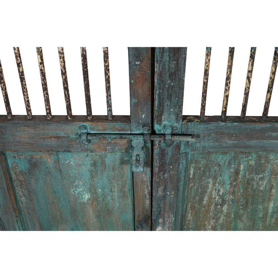 Antique Verdigris Teal Indian Jali Door Pair – 19th Century Teak Garden Gate – Rustic Latticework photo for sale
