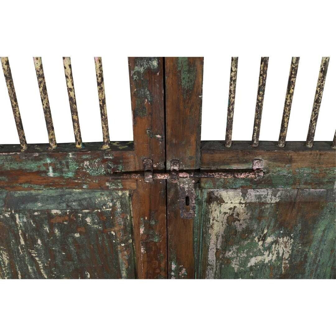 Antique Verdigris Teal Indian Jali Door Pair – 19th Century Teak Garden Gate – Rustic Latticework photo Home Fixtures