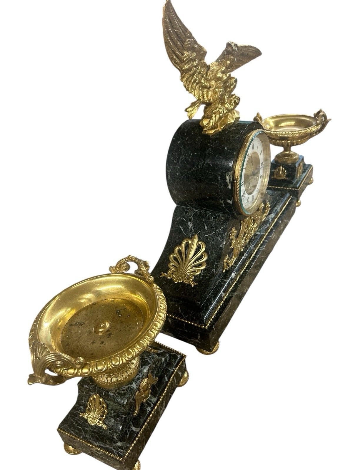 Antique Mantel Clock 19th Century Green Marble Ormulu Bronze Urn Set French Old photo vintage