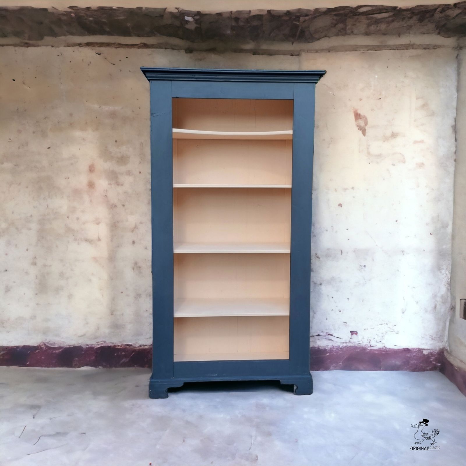 Rustic Antique Pine Bookcase In Farrow & Ball Off Black & Pink Worn Paint photo Furniture