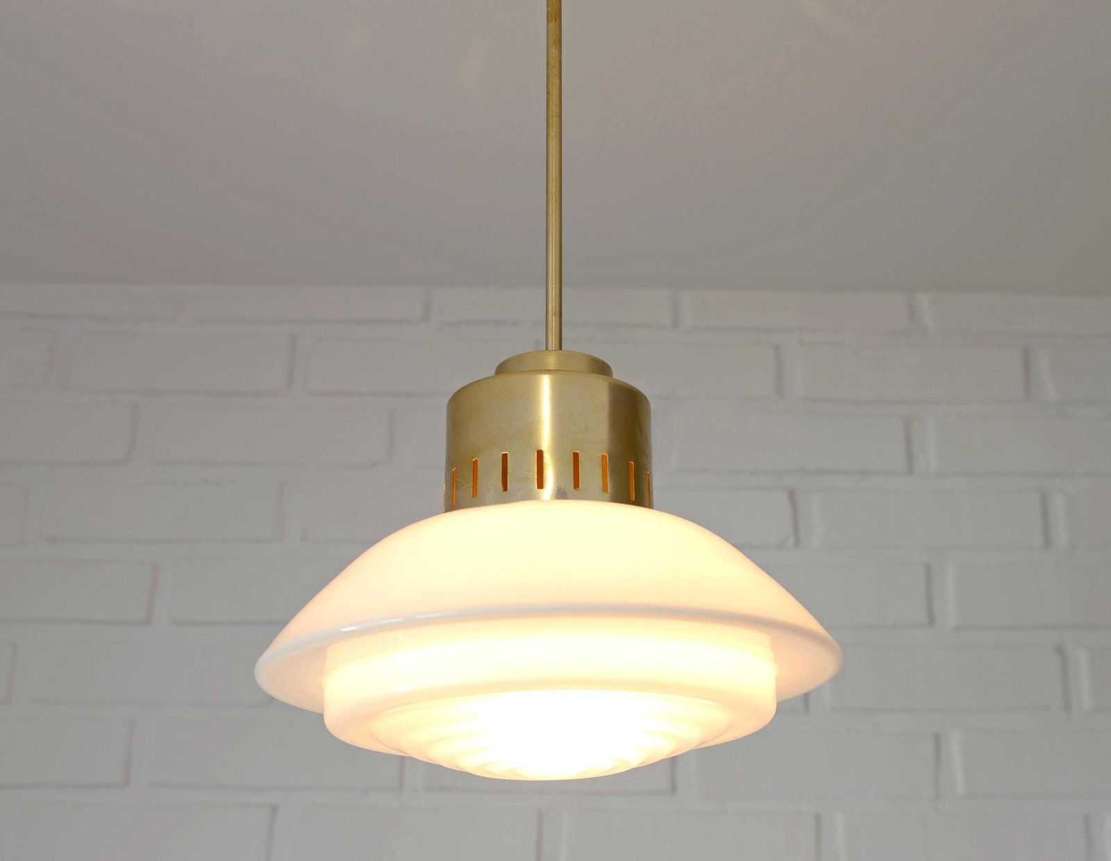 Vintage Scandinavian Pendant Light / Minimalist Mid Century Modern Chandelier / White Glass Ufo Hanging Lamp / Space Age Yugoslavia 1960's