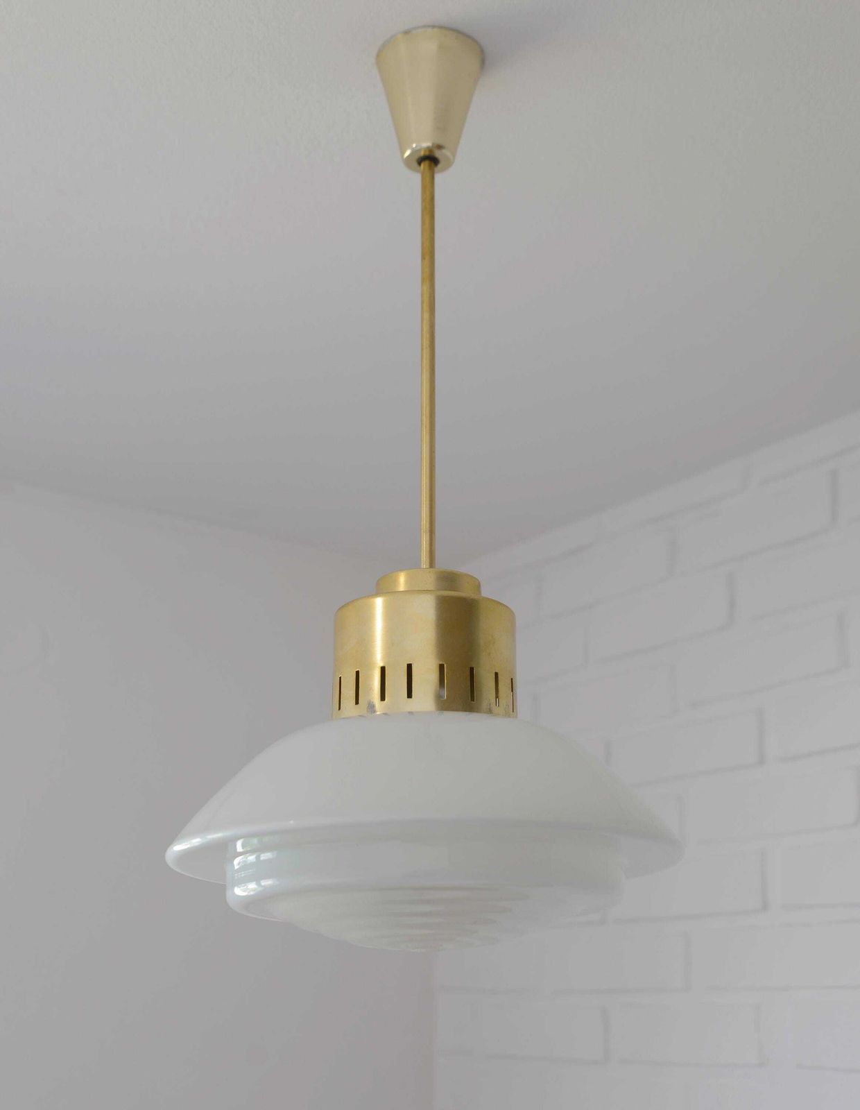 Vintage Scandinavian Pendant Light / Minimalist Mid Century Modern Chandelier / White Glass Ufo Hanging Lamp / Space Age Yugoslavia 1960's photo furniture