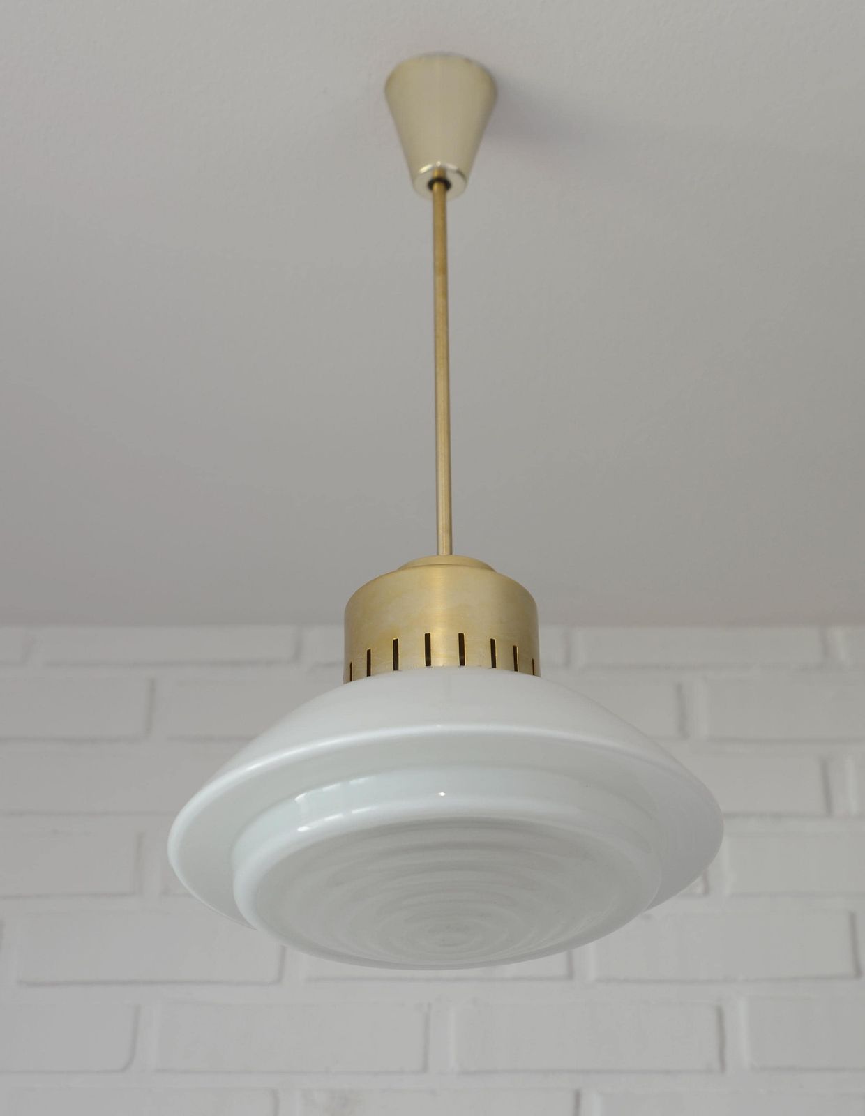 Vintage Scandinavian Pendant Light / Minimalist Mid Century Modern Chandelier / White Glass Ufo Hanging Lamp / Space Age Yugoslavia 1960's photo for sale