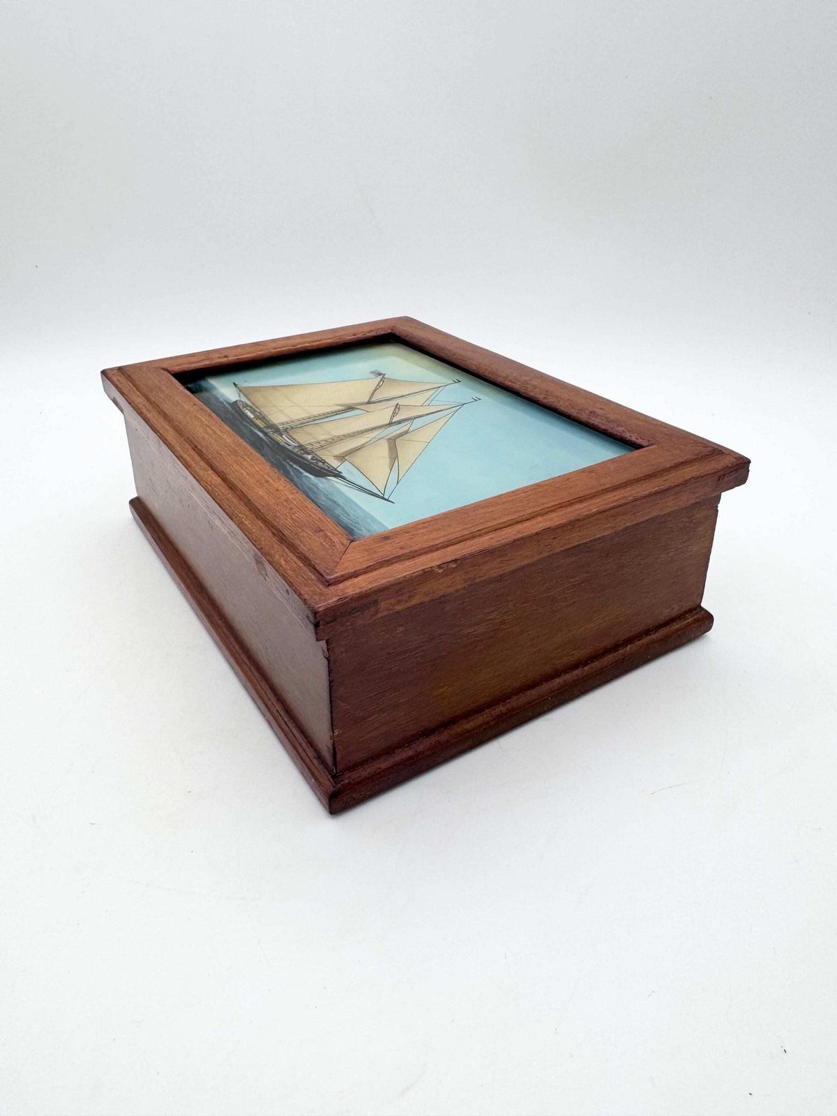 Vintage Small Wooden Box With Clipper Ship On Lid, Jewellery Box,Glass Painted Lid photo furniture