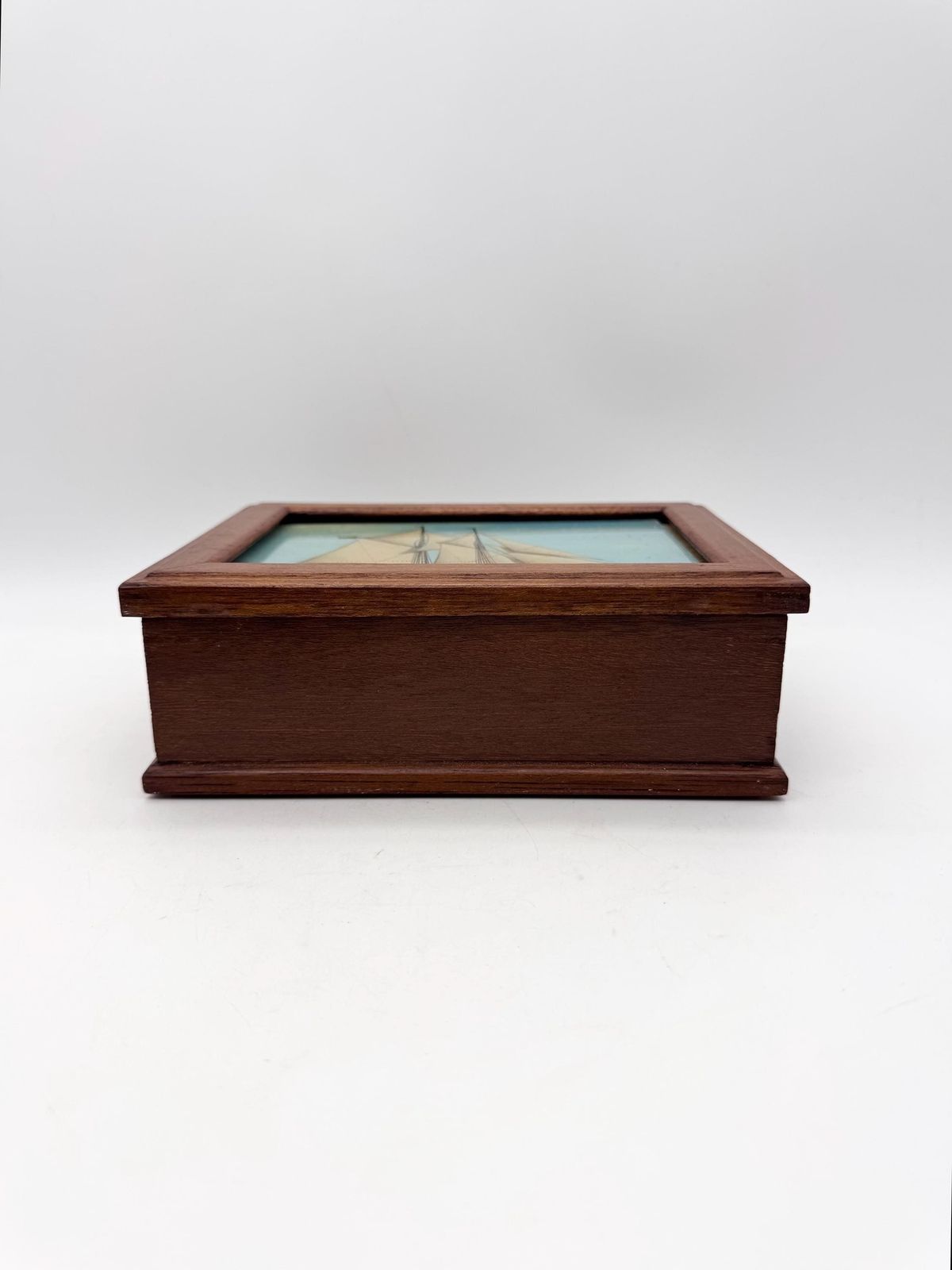 Vintage Small Wooden Box With Clipper Ship On Lid, Jewellery Box,Glass Painted Lid photo vintage