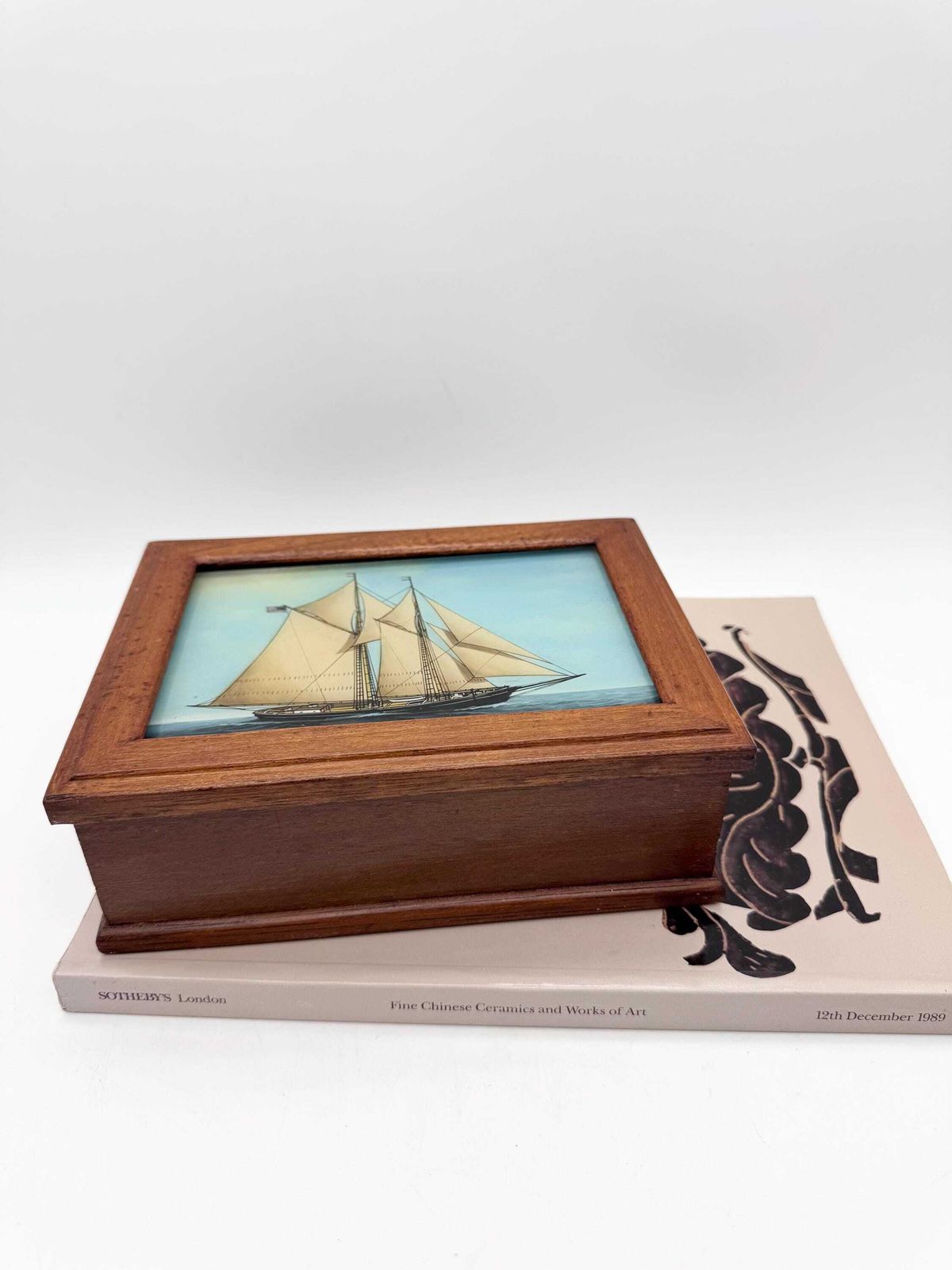 photo for sale Vintage Small Wooden Box With Clipper Ship On Lid, Jewellery Box,Glass Painted Lid