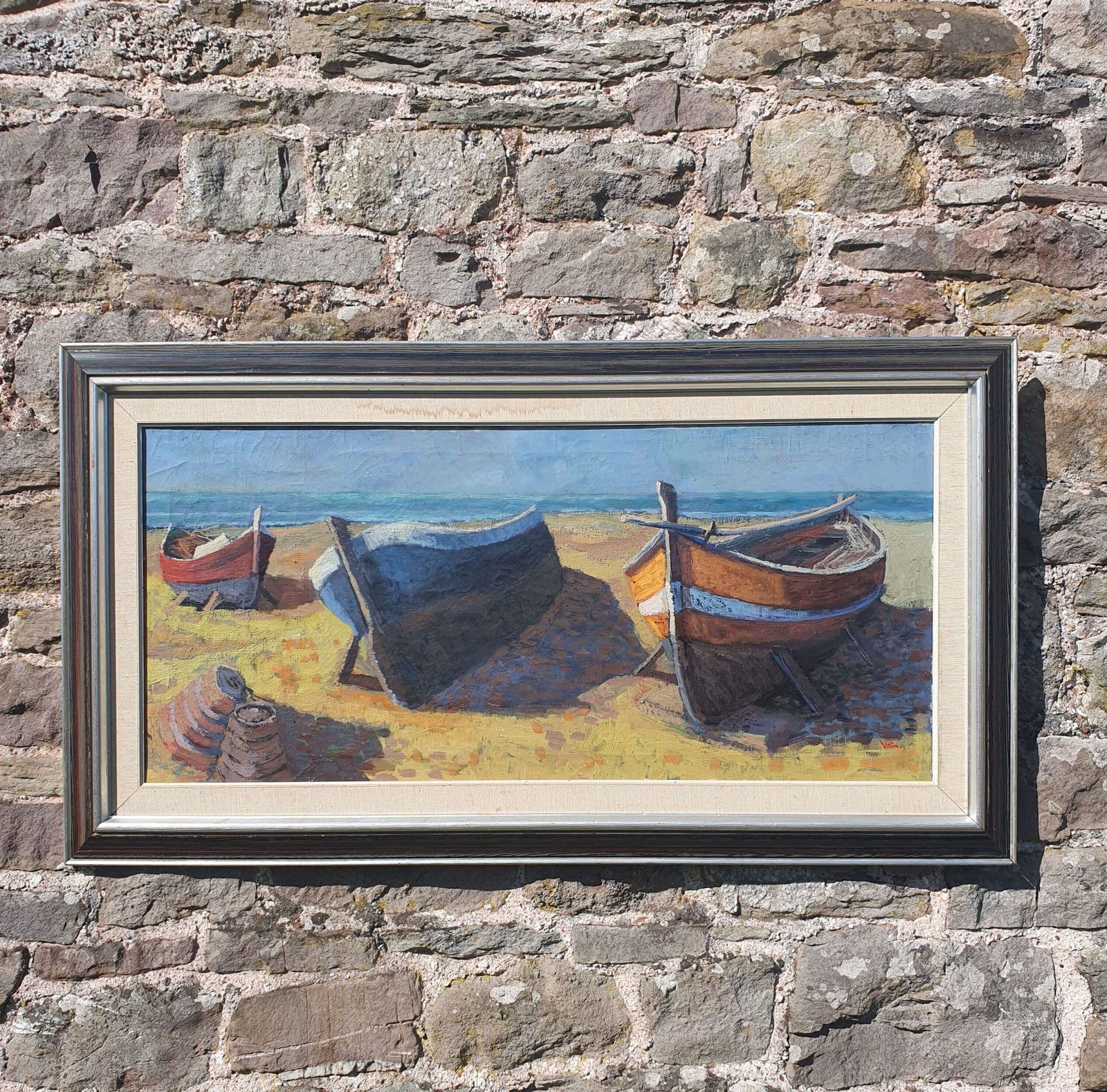 A Swedish Mid Century Oil On Canvas. Boats On A Foreshore By Henry Eldin