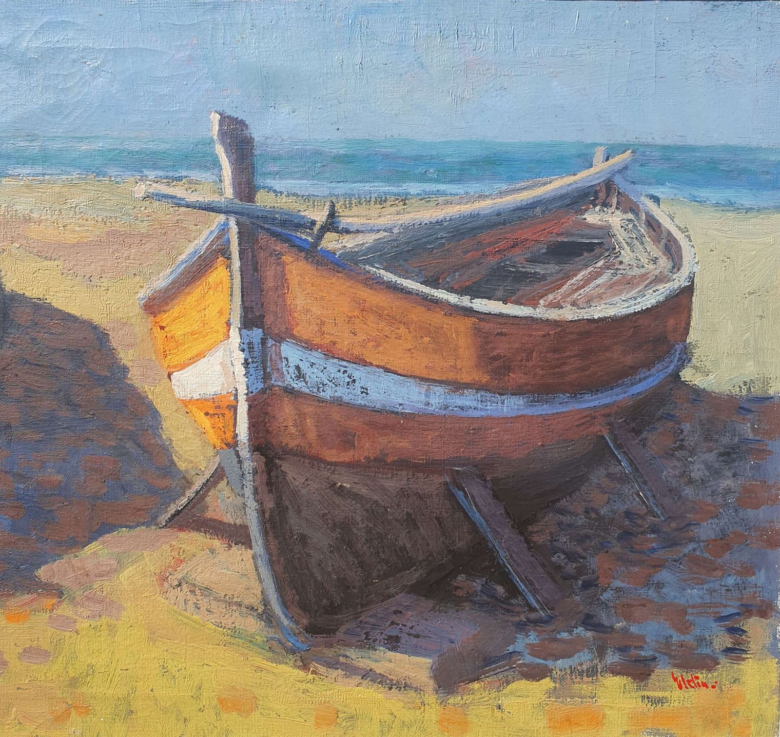 A Swedish Mid Century Oil On Canvas. Boats On A Foreshore By Henry Eldin photo Art