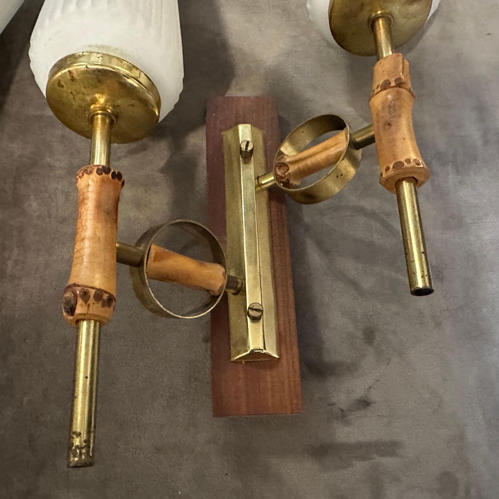photo for sale Set Of Two 1950s Mid Century Modern Brass, Bamboo And Glass Italian Wall Sconces