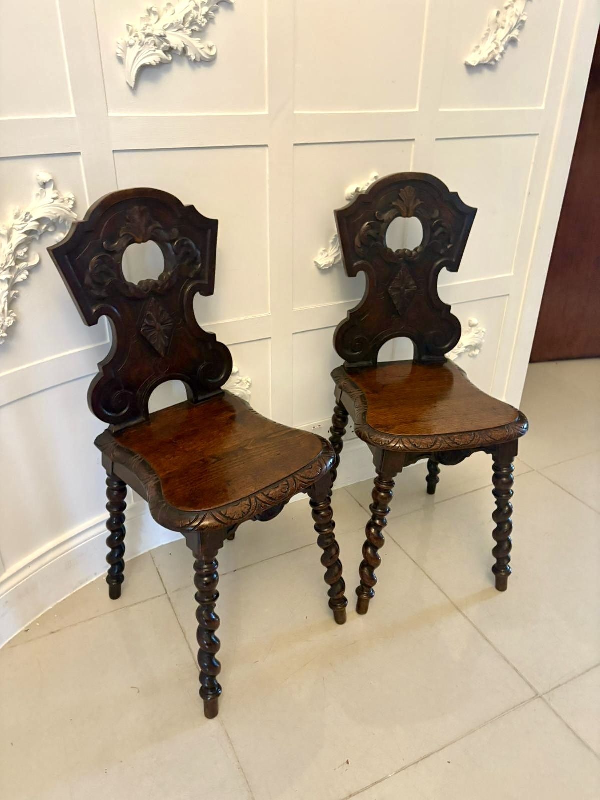 Pair Of Antique 19th Century Quality Carved Oak Hall Chairs photo 1485.0