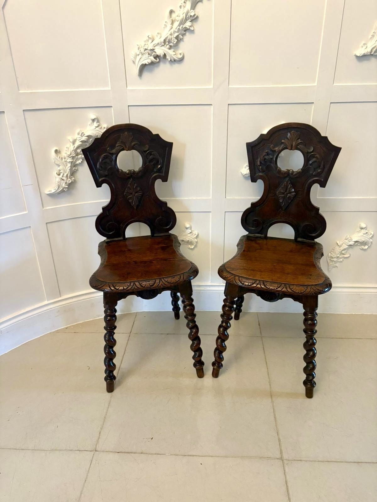 Pair Of Antique 19th Century Quality Carved Oak Hall Chairs