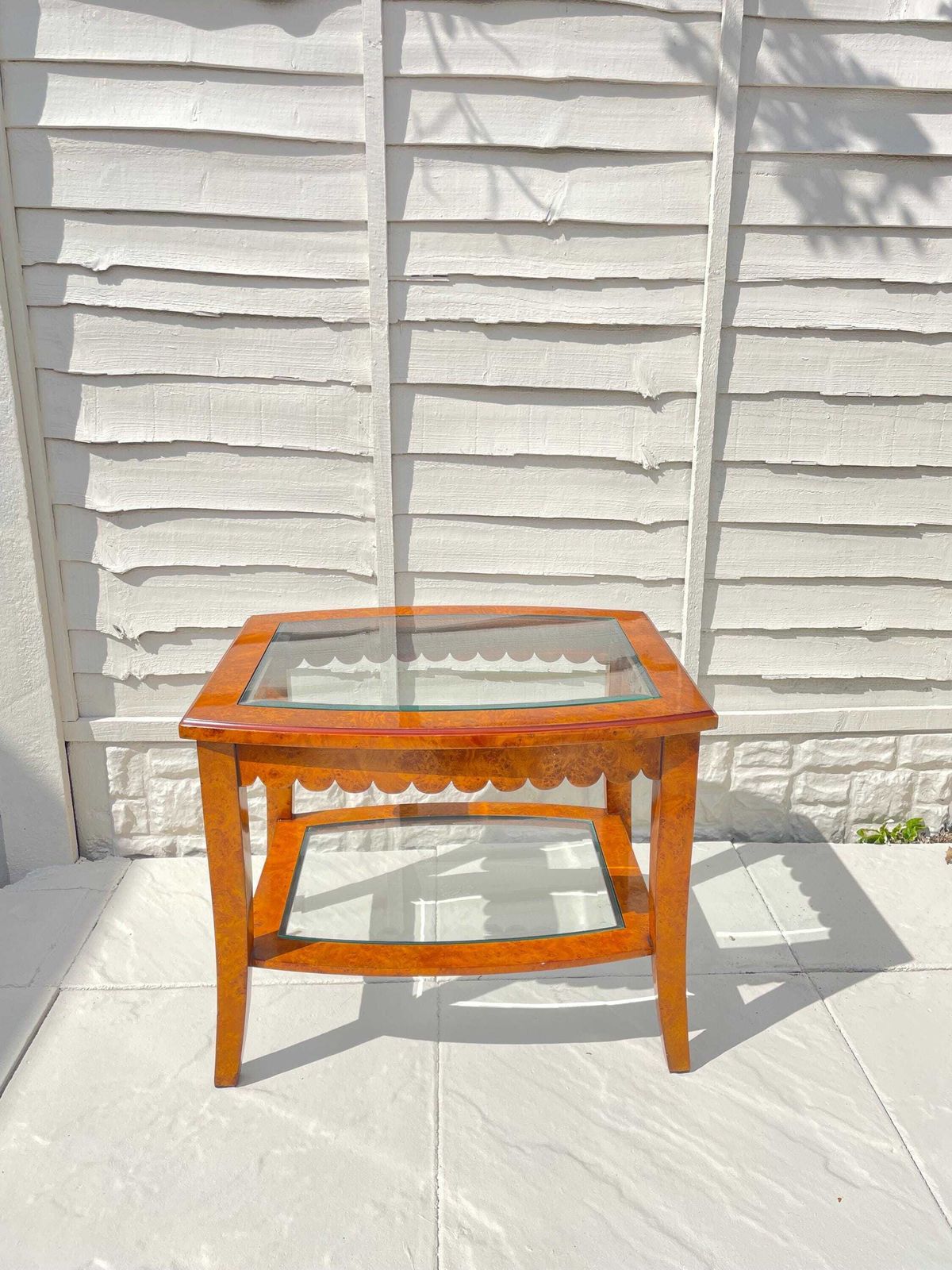 Burr Walnut Glass Top Coffee Table / Side Table With Scalloped Edge, Vintage Home Decor photo furniture