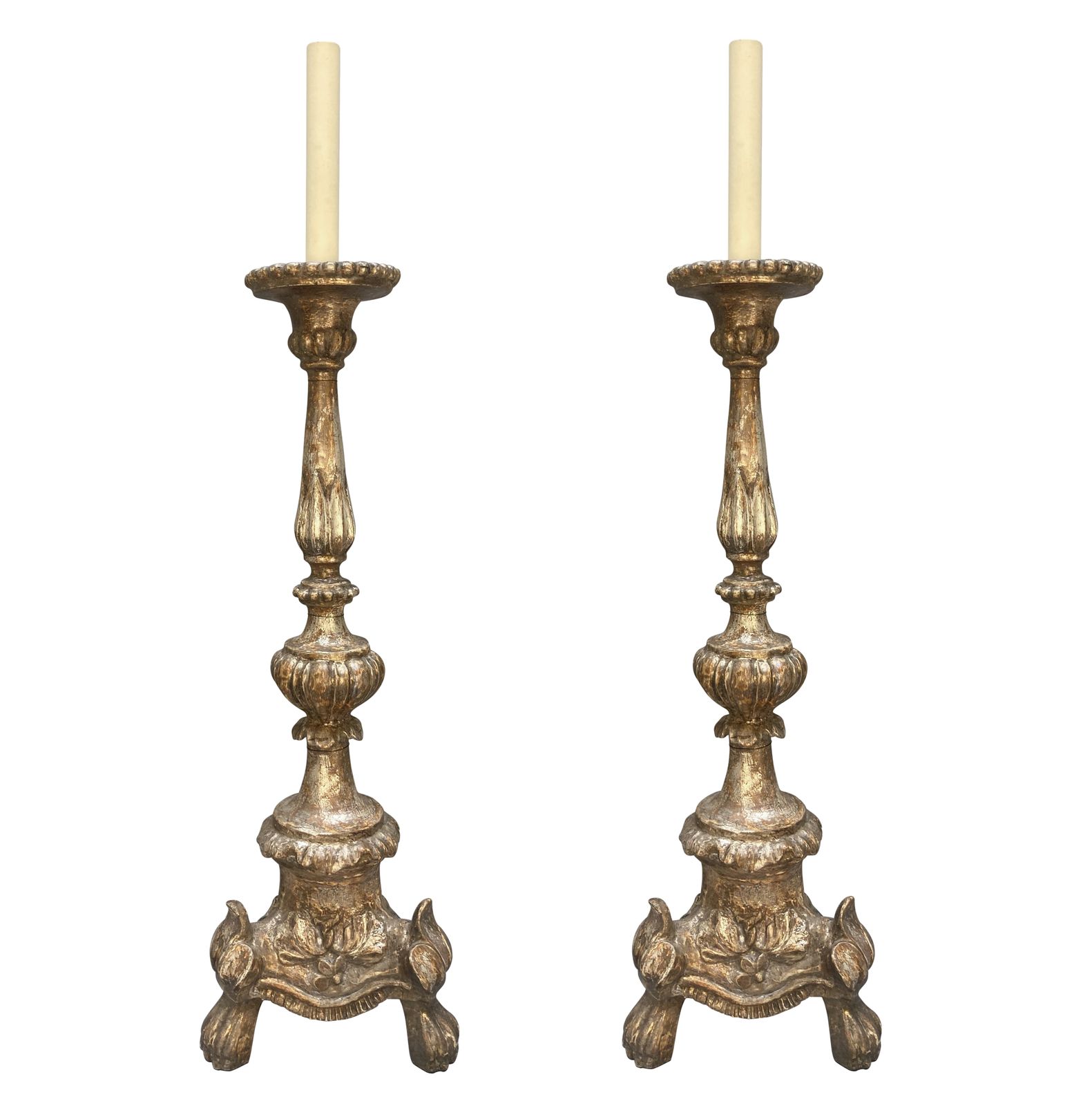 A Pair Of Tall Italian XVIII Century Silver Leaf Candlestick Lamps