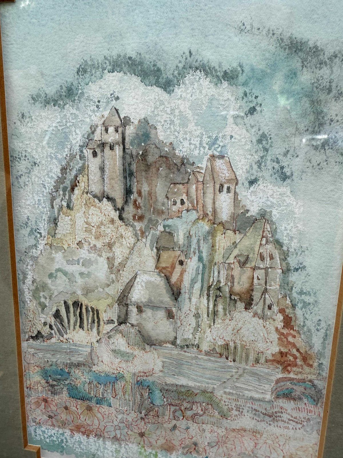 Vintage Original French Village Watercolour, Naive Style, Framed Pastoral Countryside Scene, Soft Impressionist Style Artwork photo furniture