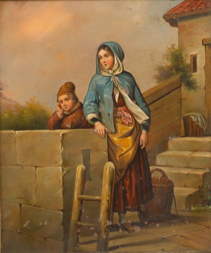German School  19th Century Oil Mother And Son photo furniture