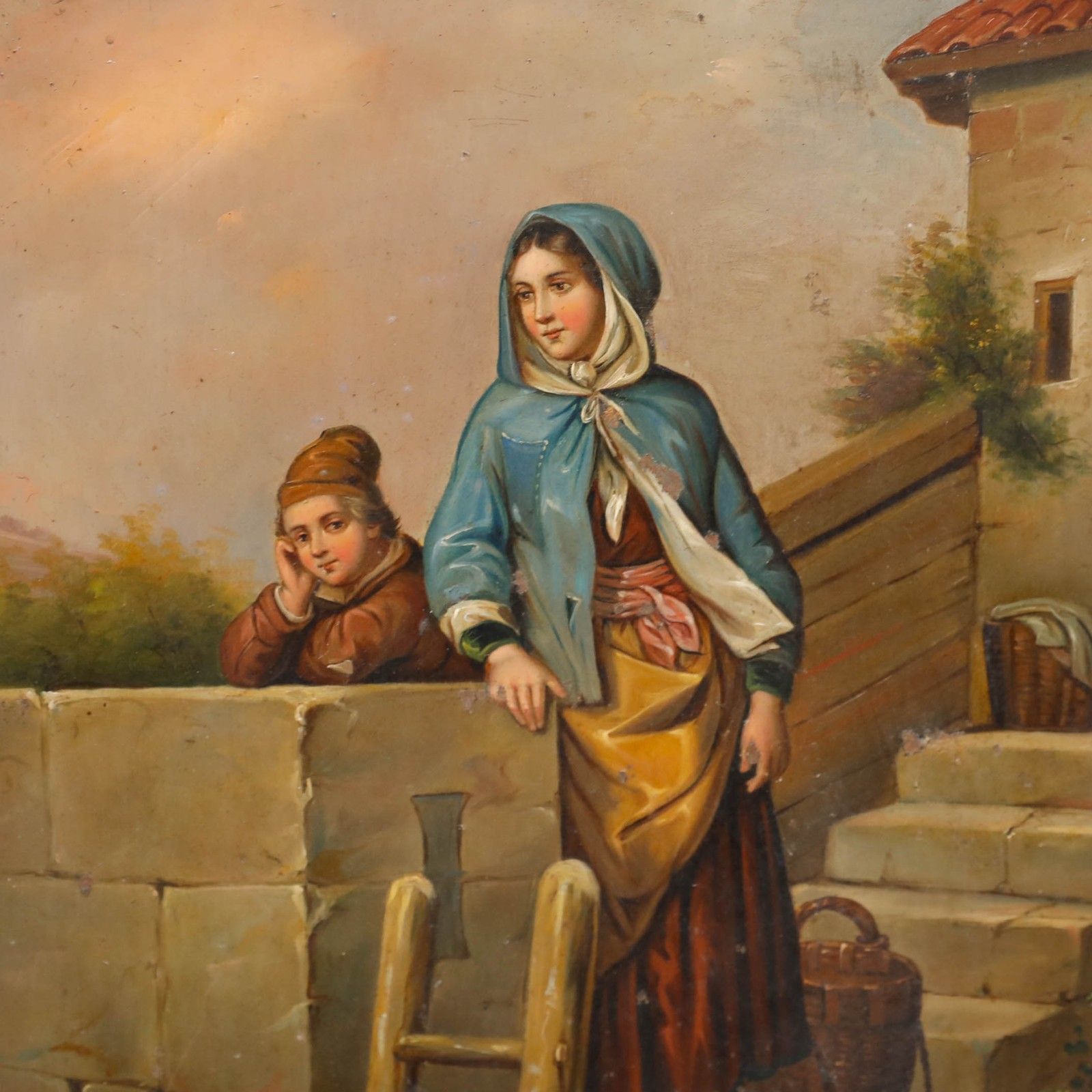 German School  19th Century Oil Mother And Son photo Art