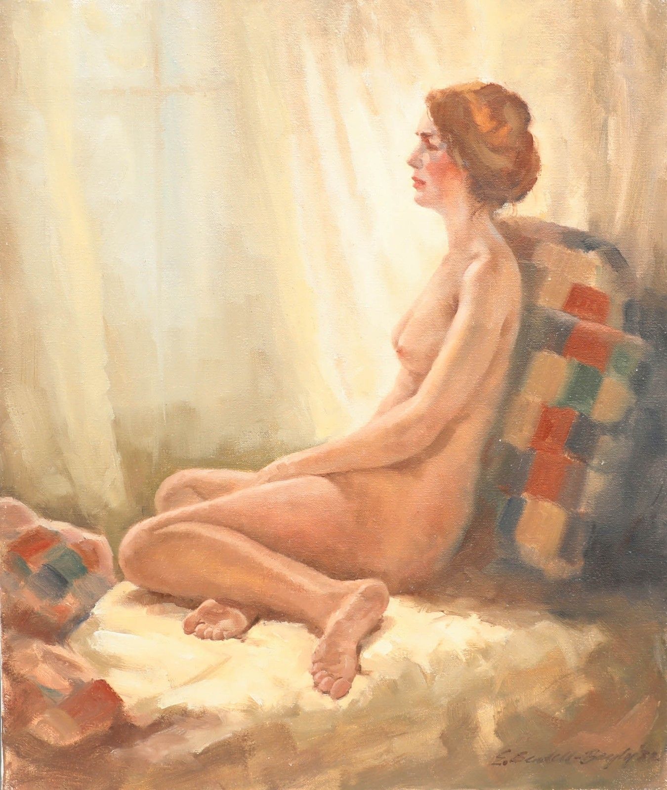 Ernest Bendell Bayly 20th Century Oil, Nude On The Chequered Pillow photo Art