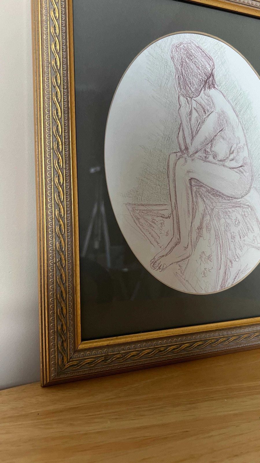 Contemporary Original Nude Study – Seated Female Figure Drawing In Ornate Golden Frame photo furniture