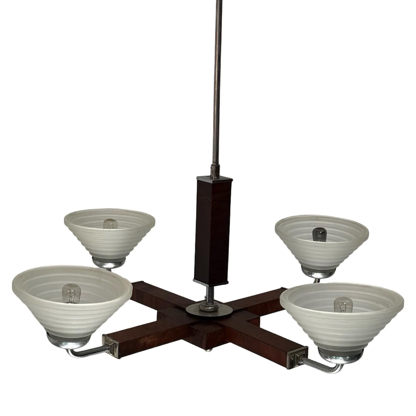 Art Deco Chandelier   Approx. 1930, Czechoslovakia   Satin Glass, Walnut Veneer And Chromed Metal Frame   4 Bulbs photo furniture