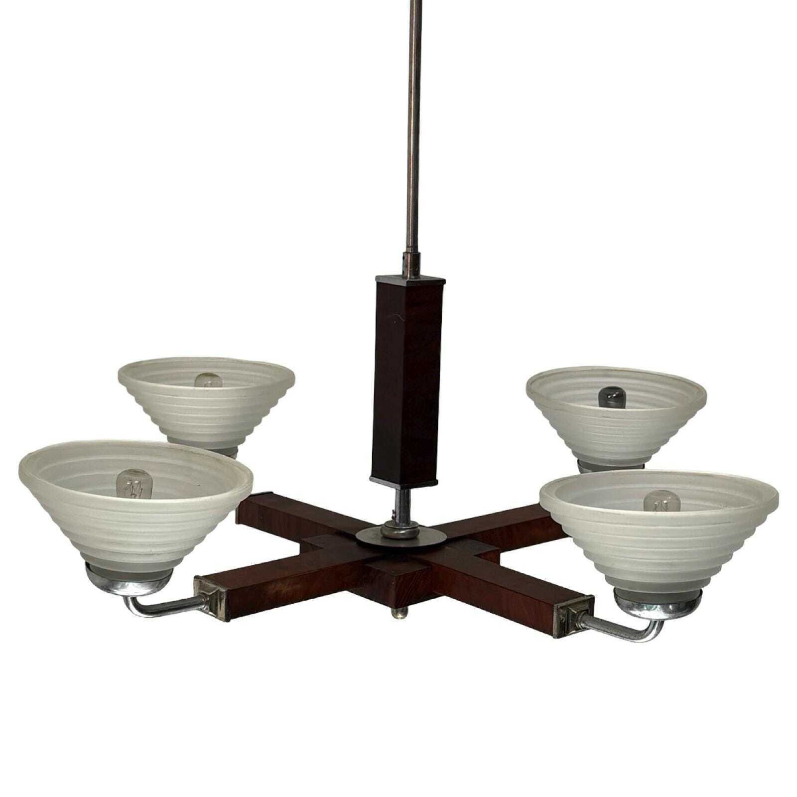 Art Deco Chandelier   Approx. 1930, Czechoslovakia   Satin Glass, Walnut Veneer And Chromed Metal Frame   4 Bulbs photo Lighting