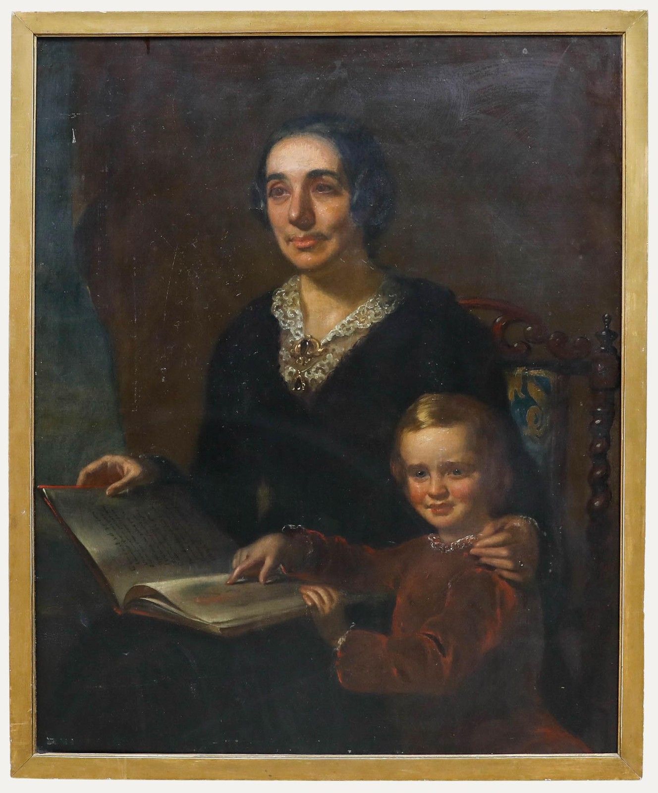 Large Late 19th Century Oil Portrait Of A Mother & Child