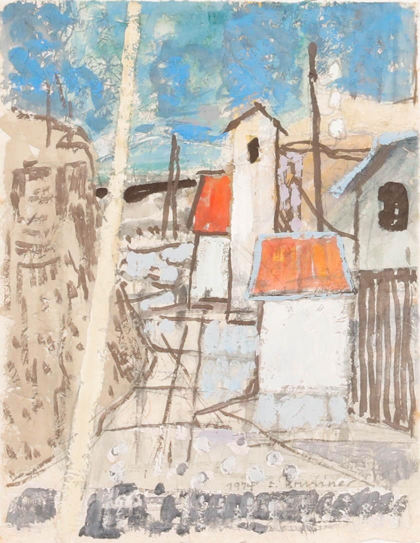 Fritz Brunner (1908 1996) Framed 1974 Gouache, Urban Street Scene photo furniture