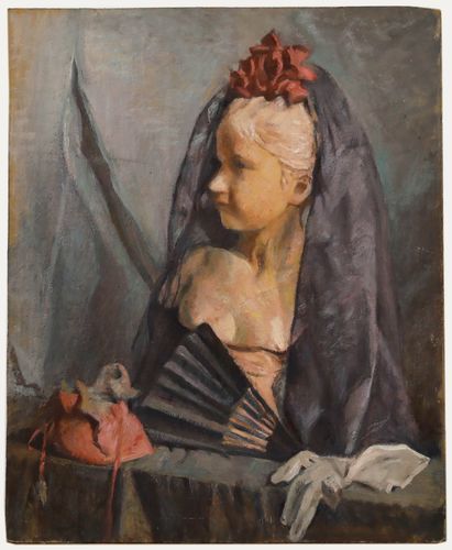 Cecile Hertz Eyrolles (1875 1974) Mid 20th Century Oil, Statue, Veil And Fan