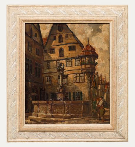 Framed Mid 20th Century Oil St George's Fountain, Rothenburg