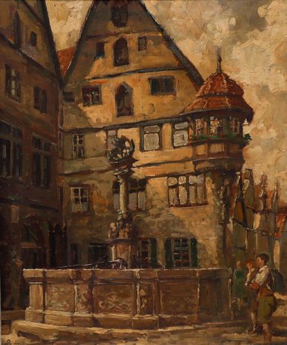 Framed Mid 20th Century Oil St George's Fountain, Rothenburg photo furniture