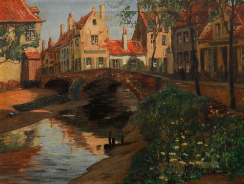 Marten Ven Der Loo (1880 1920) Belgian Oil, View Of An Old Bridge In Bruges