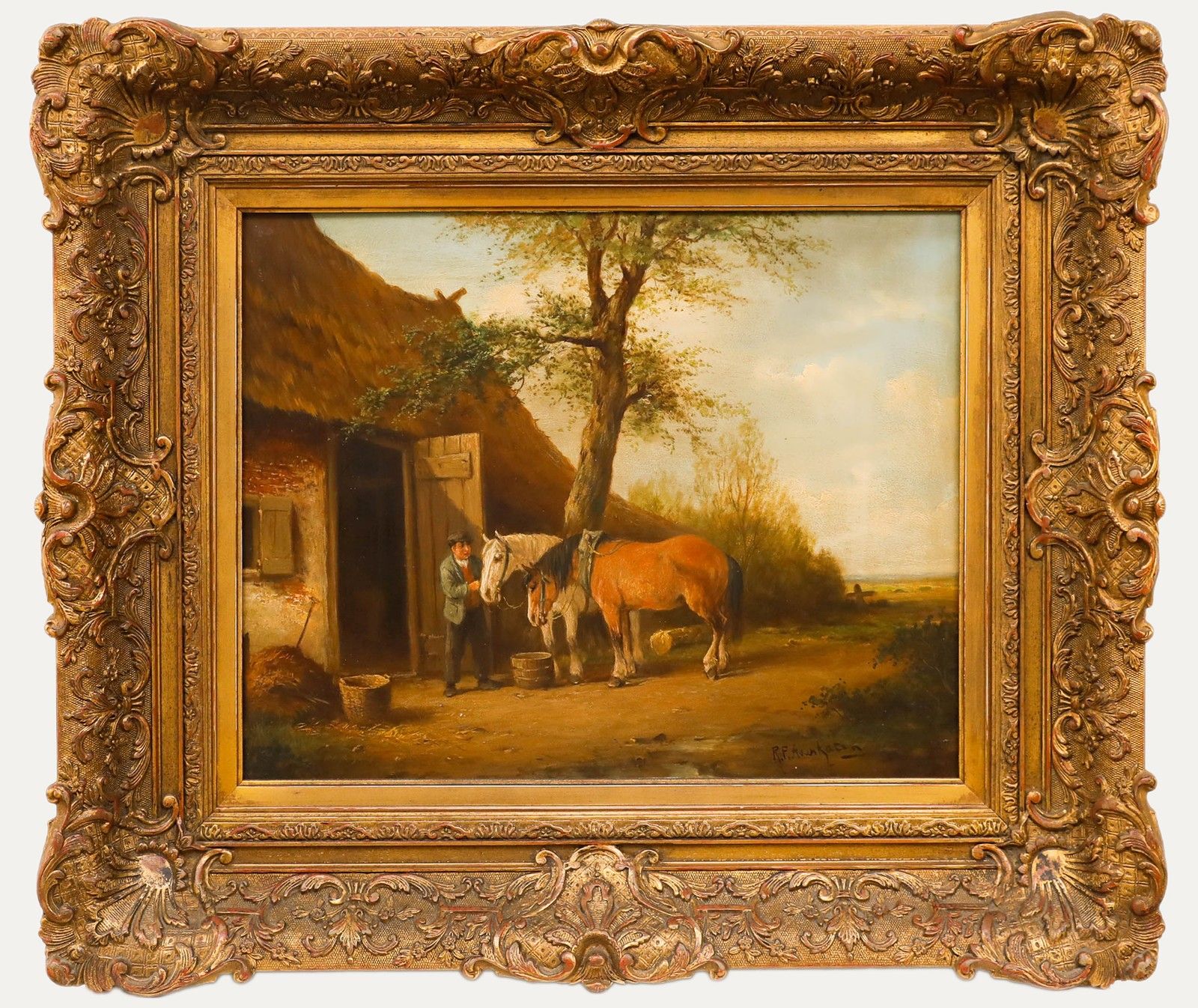 German School Framed Early 20th Century Oil A Farmer Feeding Horses