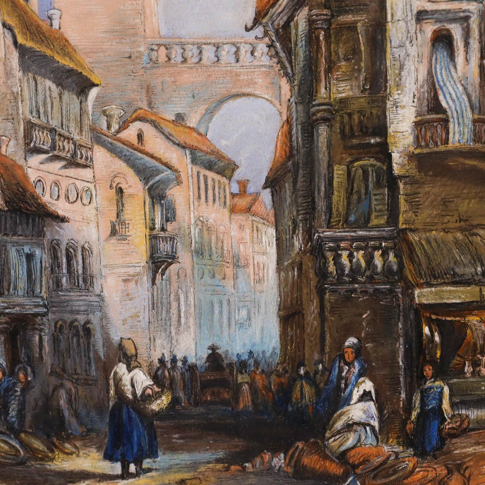 Early 20th Century Pastel Morning Market photo Art
