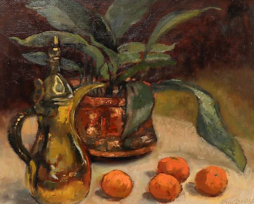 Burbidge 20th Century Oil, Still Life With Potted Plant And Apricots photo furniture