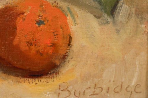 Burbidge 20th Century Oil, Still Life With Potted Plant And Apricots photo vinterior
