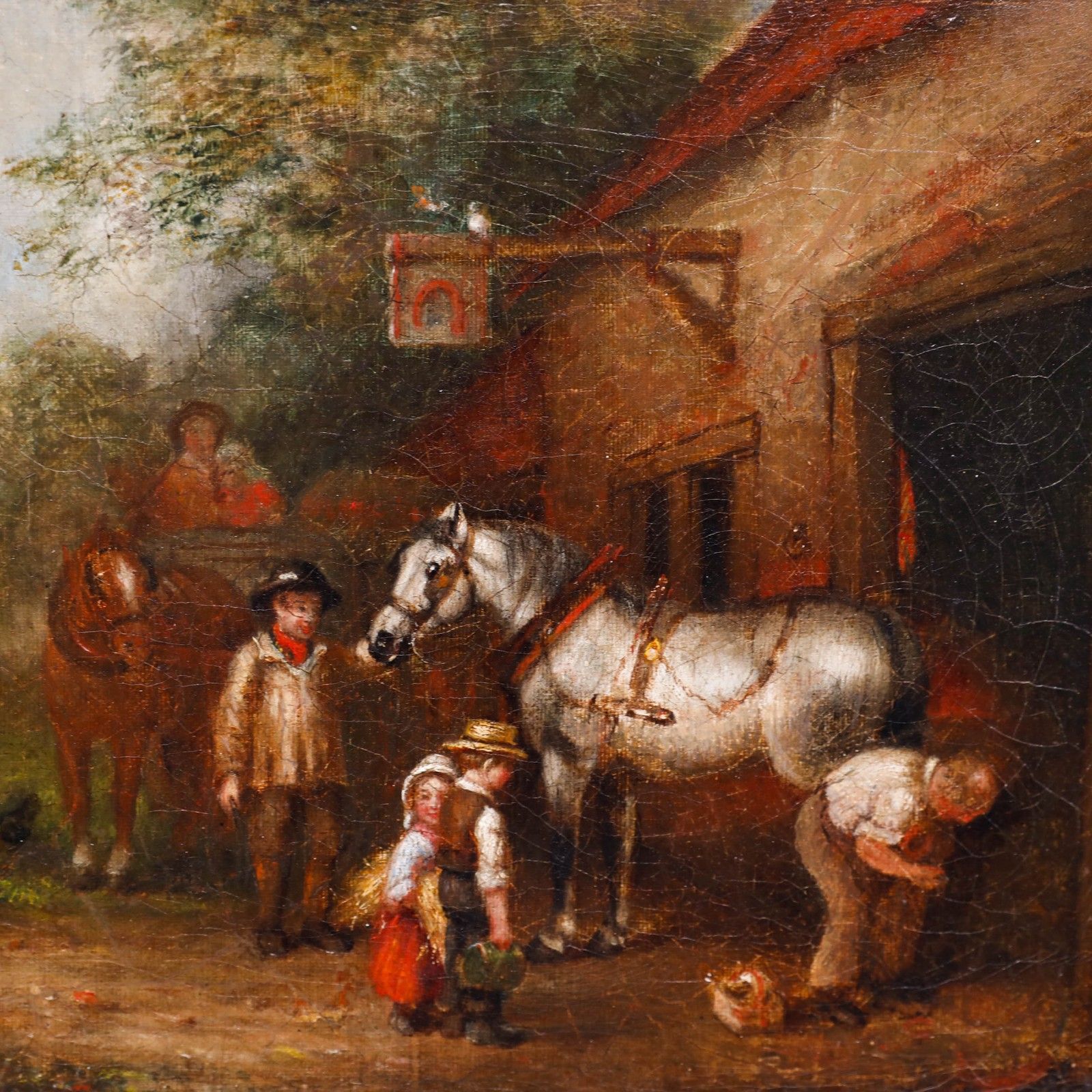 English School Mid 19th Century Oil Blacksmith Shoeing A Horse photo for sale