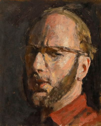George Weissbort (1928 2013) Oil, Contemplative Self Portrait In Red photo furniture