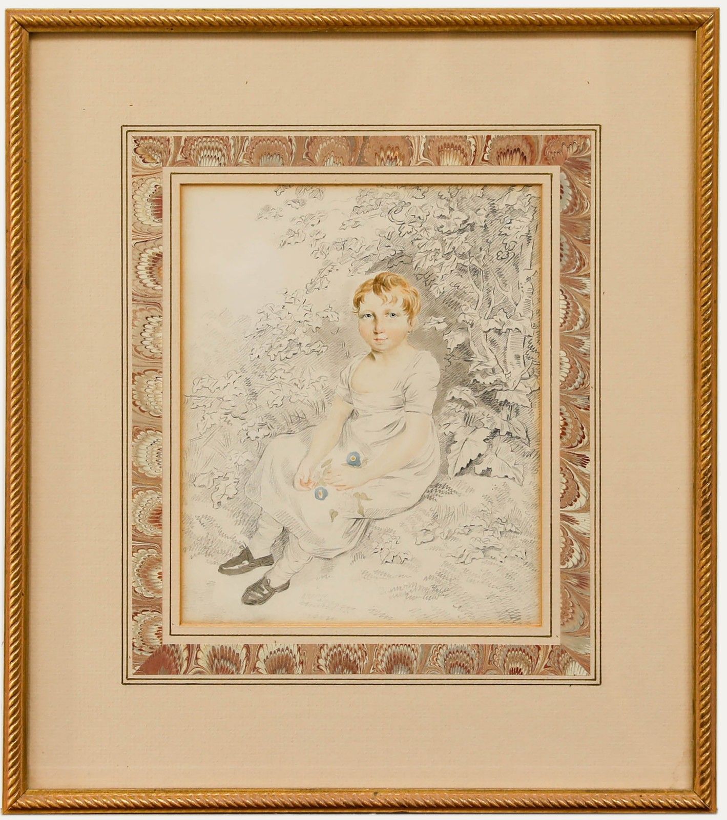 19th Century Watercolour Child Holding Flowers